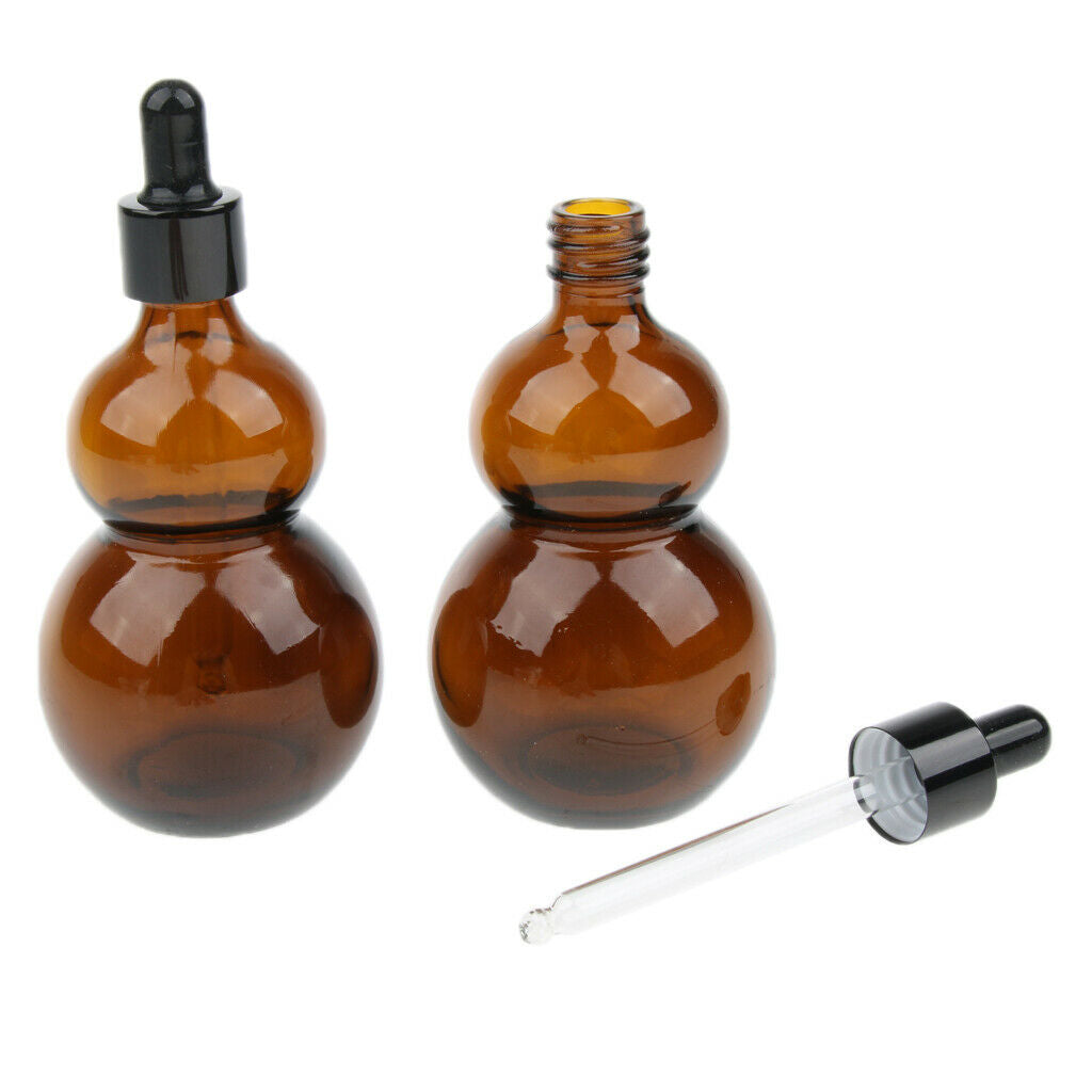 2Pcs Gourd Shaped Empty Amber Glass Dropper Bottles w/Pipette for Essential Oil