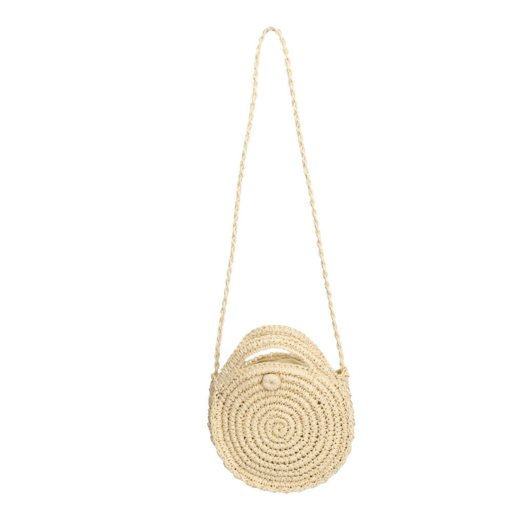 Straw Crossbody Bag Women Weave Shoulder Bag Round Summer Beach Purse Beige