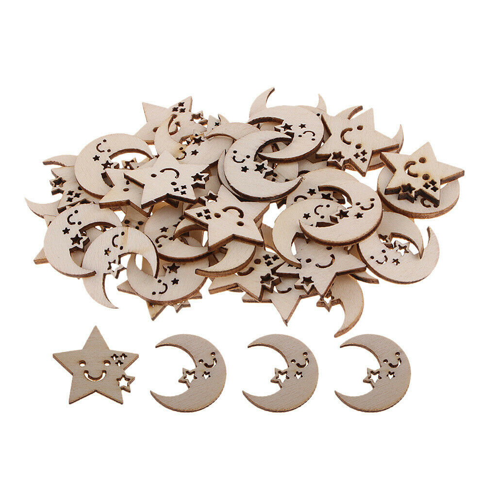 50 Pieces Wooden Moon Stars Embellishments Unfinished Wood Chips for Taking
