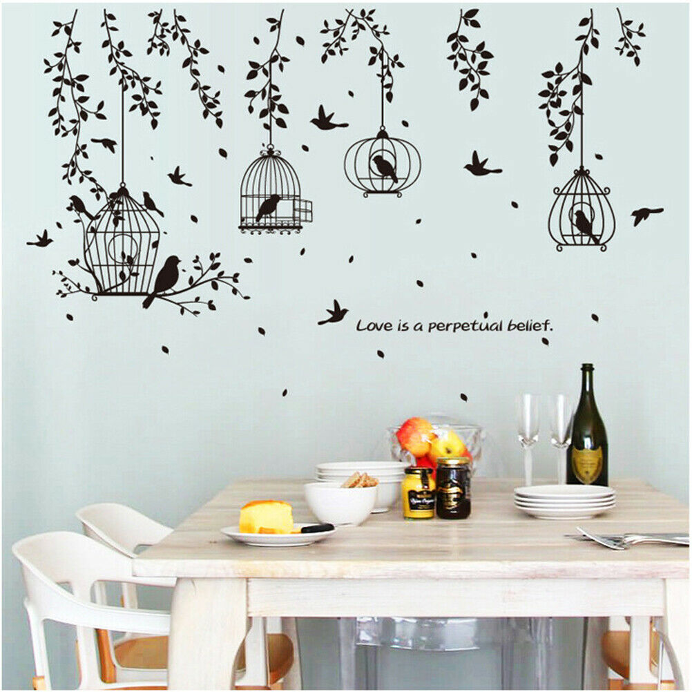 Black Bird Cage and Leaves Silhouette Patterns Wall Stickers TV wall stic.l8