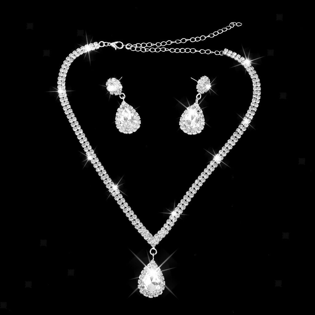 Women Party Crystal Pendant Necklace Earrings Wedding Bridal Jewelry Set