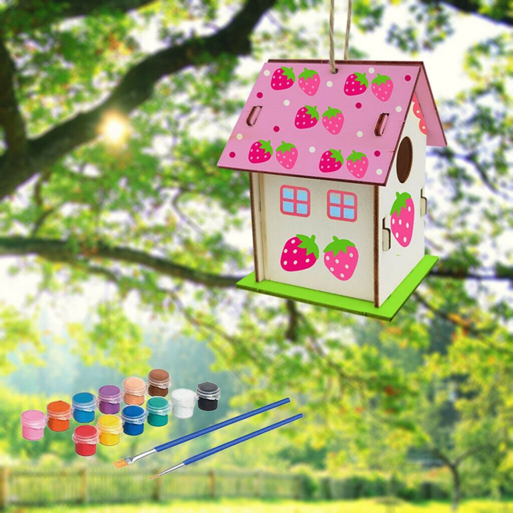2x DIY Bird House Kit Puzzle Build Paint Hanging Wooden Birdhouse Brush Set
