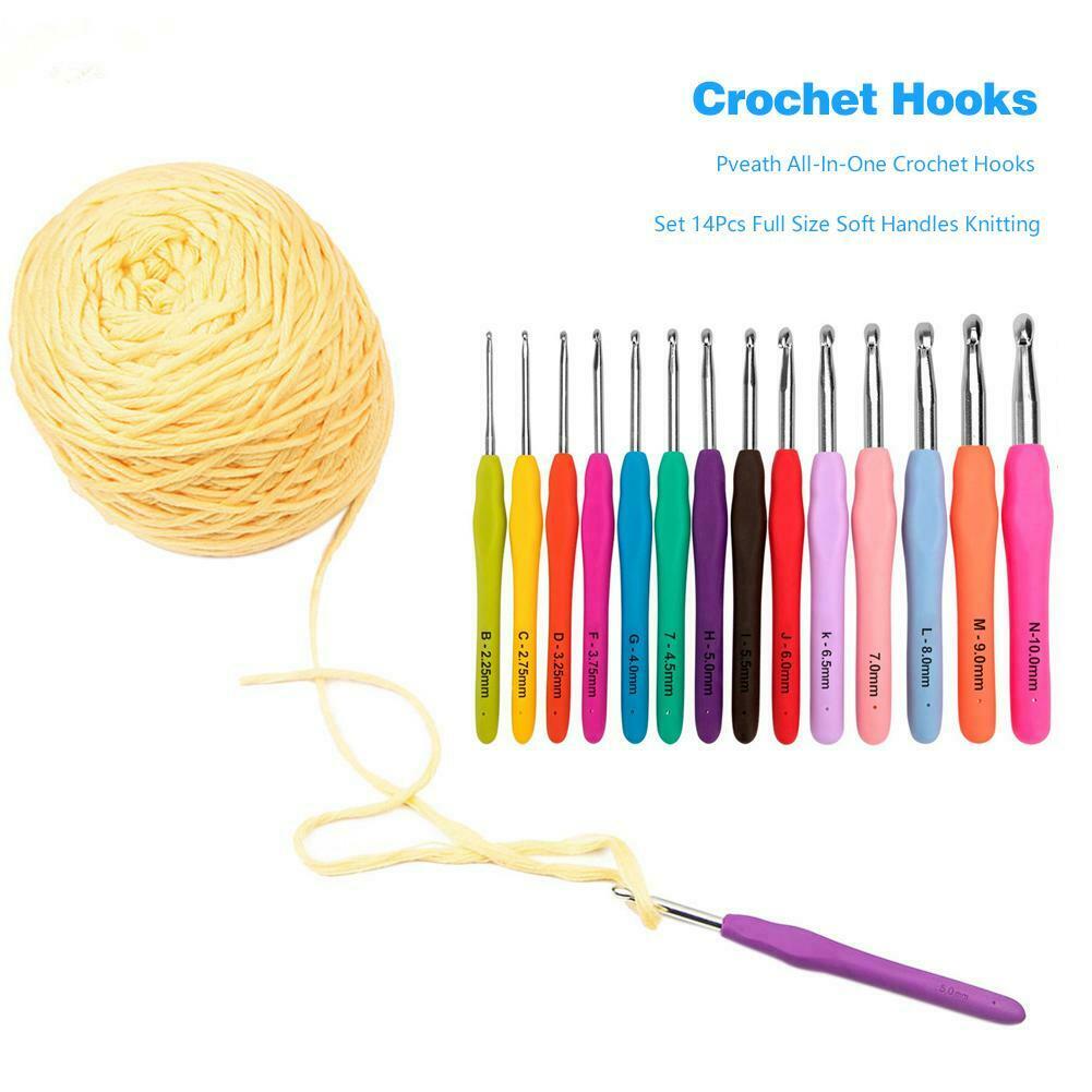 14pcs Aluminum Crochet Set Soft Handles Knitting Needles Kit Weaving Tool w/B @