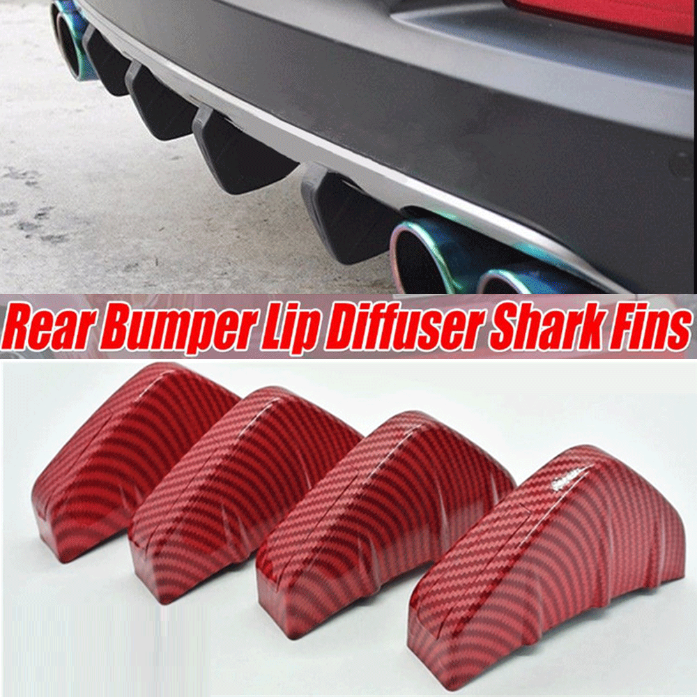 4pcs Red Carbon Fiber Look Car Rear Body Bumper Lip Diffuser Shark Fin Universal