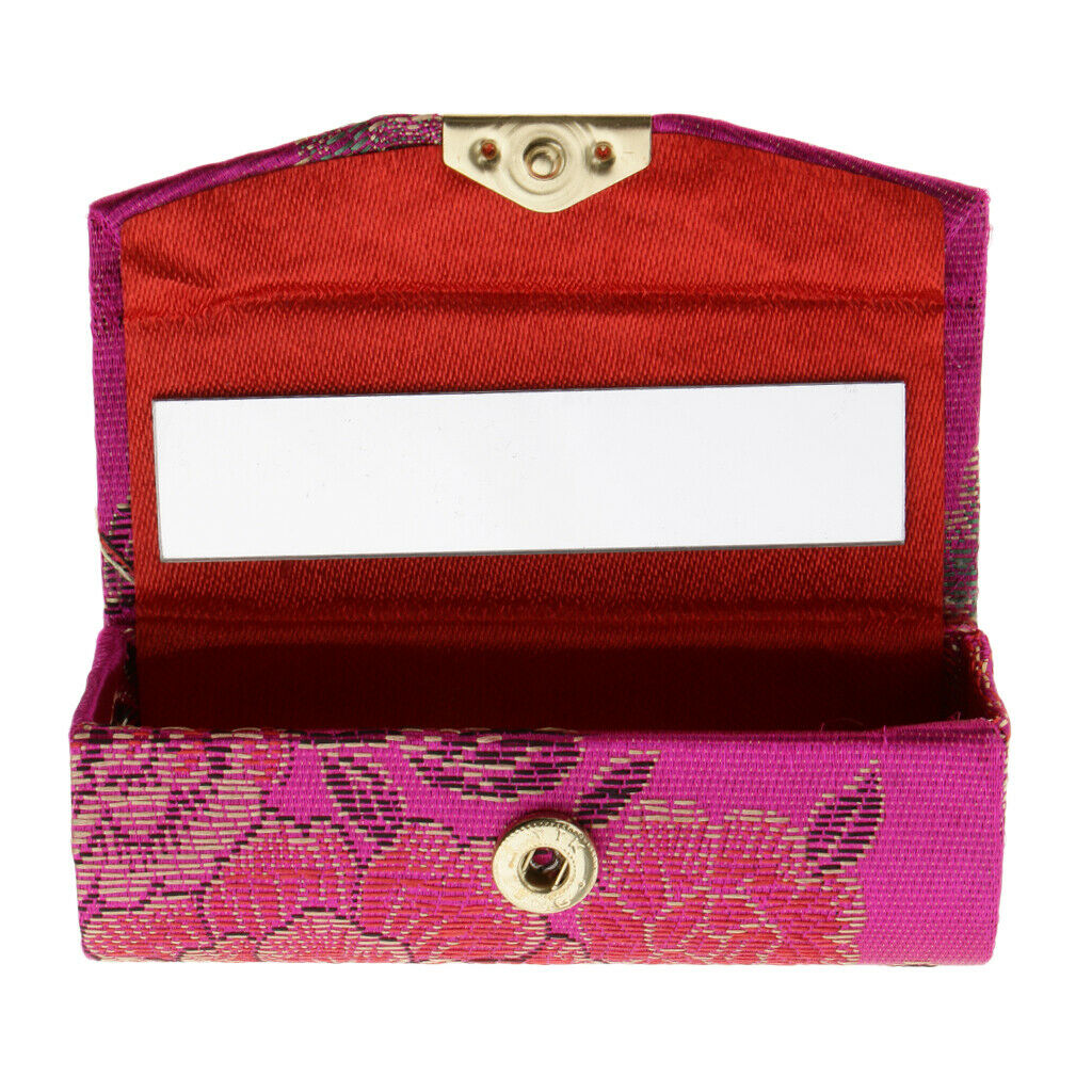 Flower Design Retro Lipstick Case Brocade Embroidered Holder Box w/ Mirror
