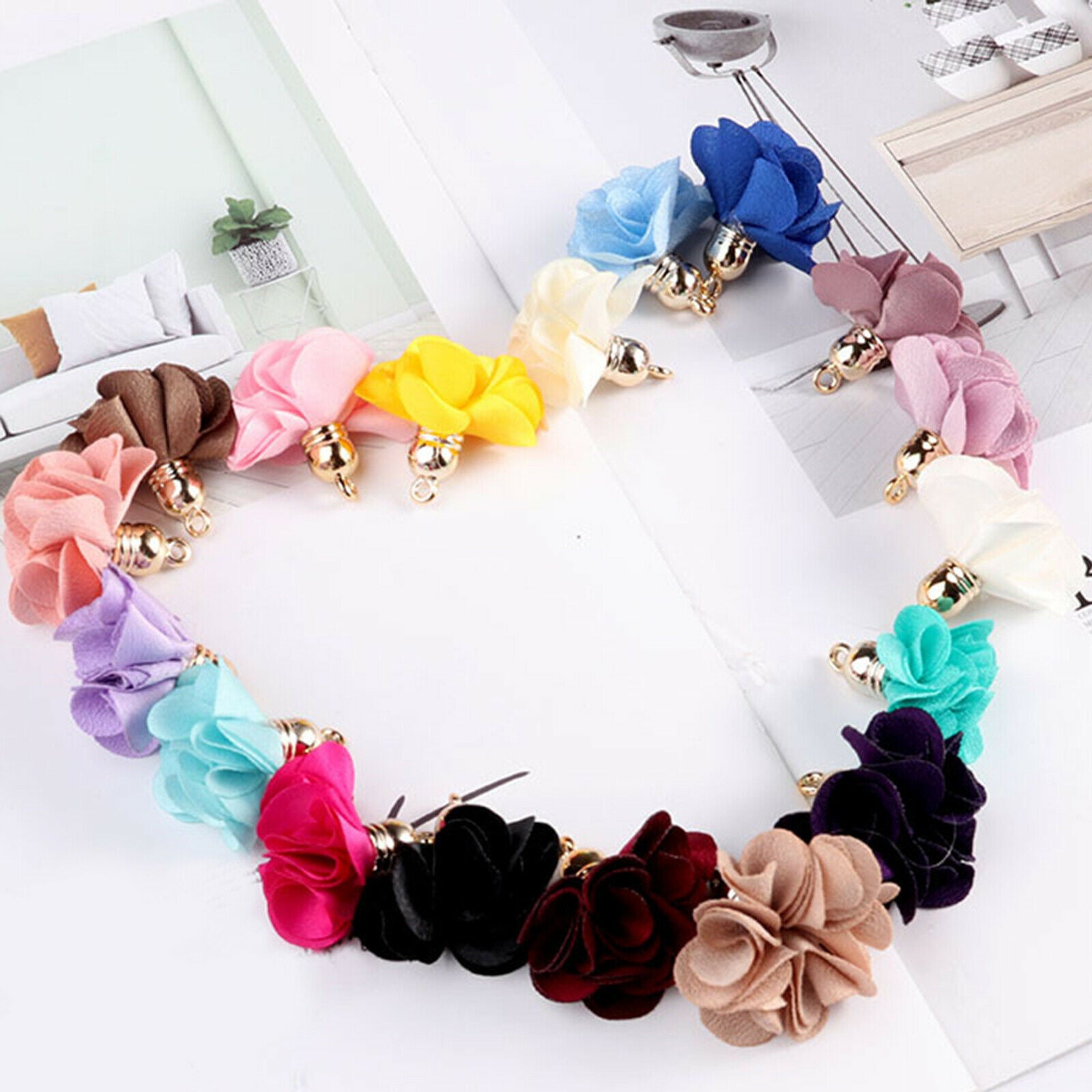 Set of 100 Cloth Flower Petal Pendants Tassel Charms Mixed Color DIY Crafts