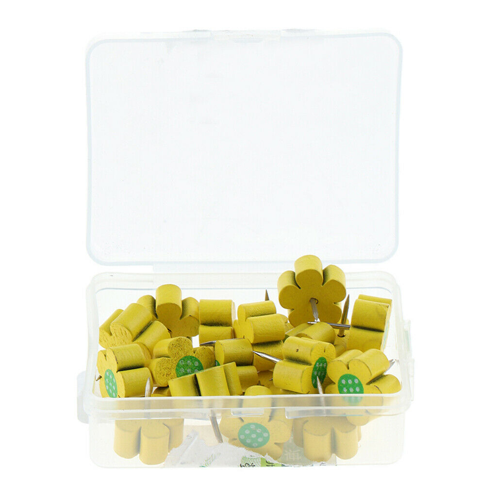 20pcs Wooden Thumb Tacks Push Pins Flower Head Office Thumbtack Yellow