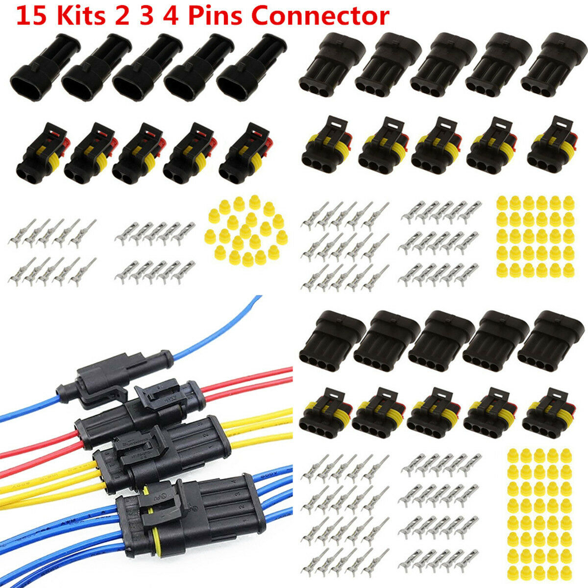 15Kits 2 3 4 Pins Way Sealed Waterproof Electrical Wire Connector Plug Terminals