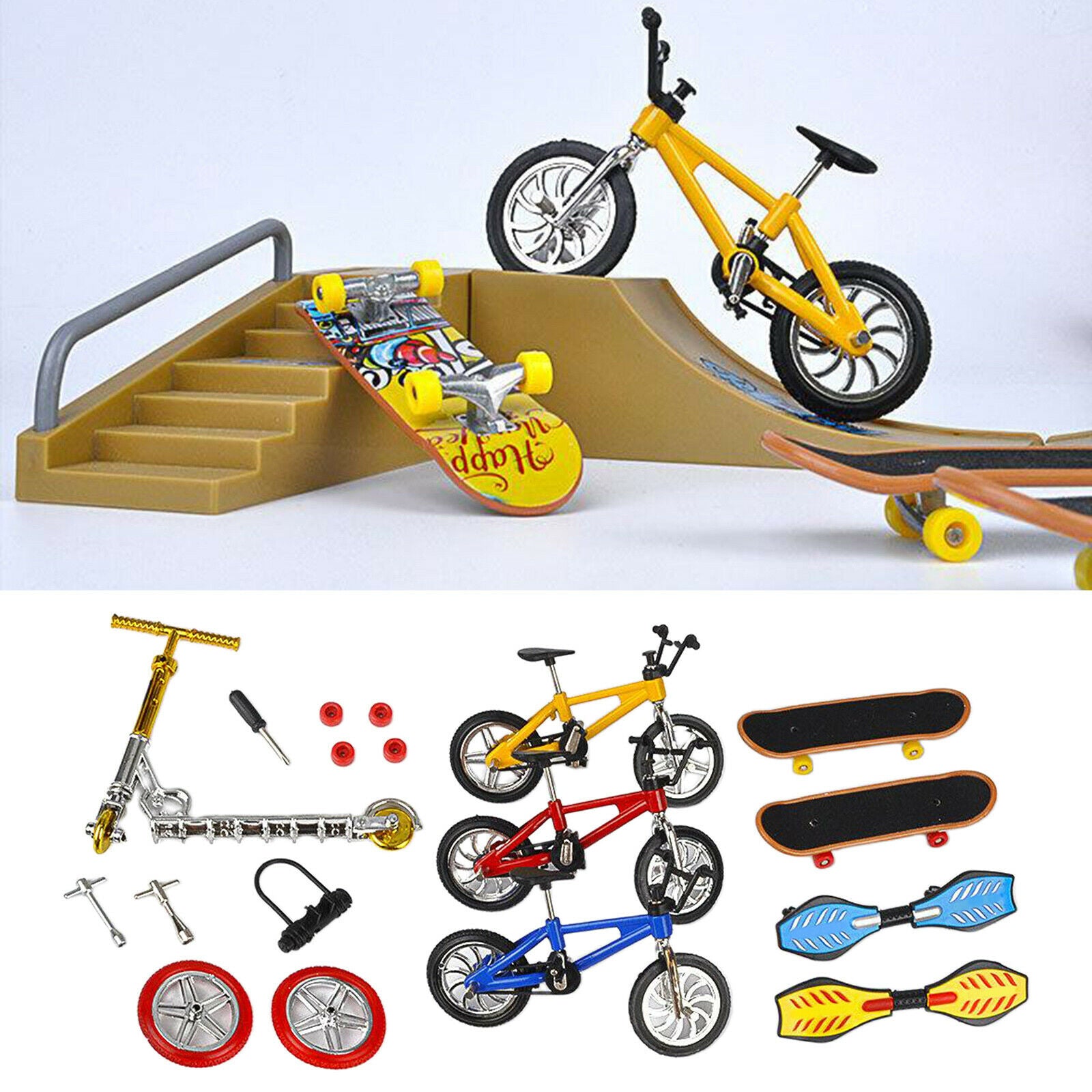 Alloy and Plastic Finger Toys Set 1:18 Skateboard Bike Scooter Swing Board with