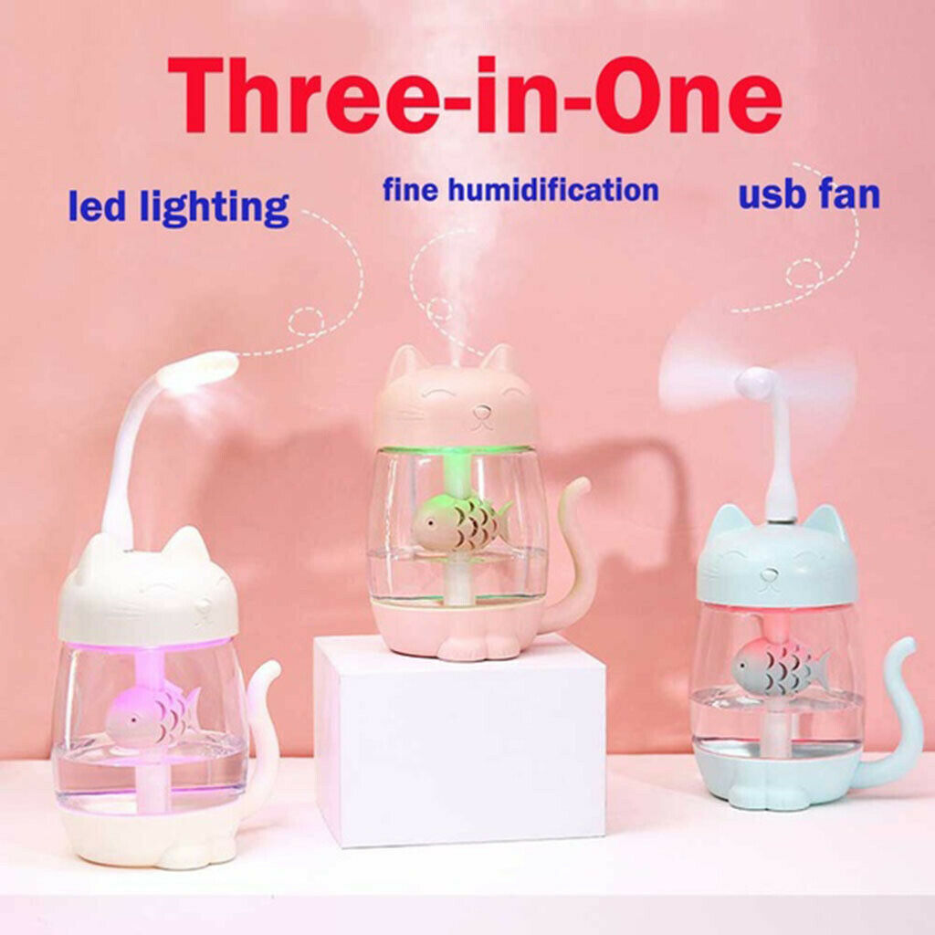 Pack of 2 3 in 1 Cat Humidifier Fan LED Light for Office Desk White+Blue