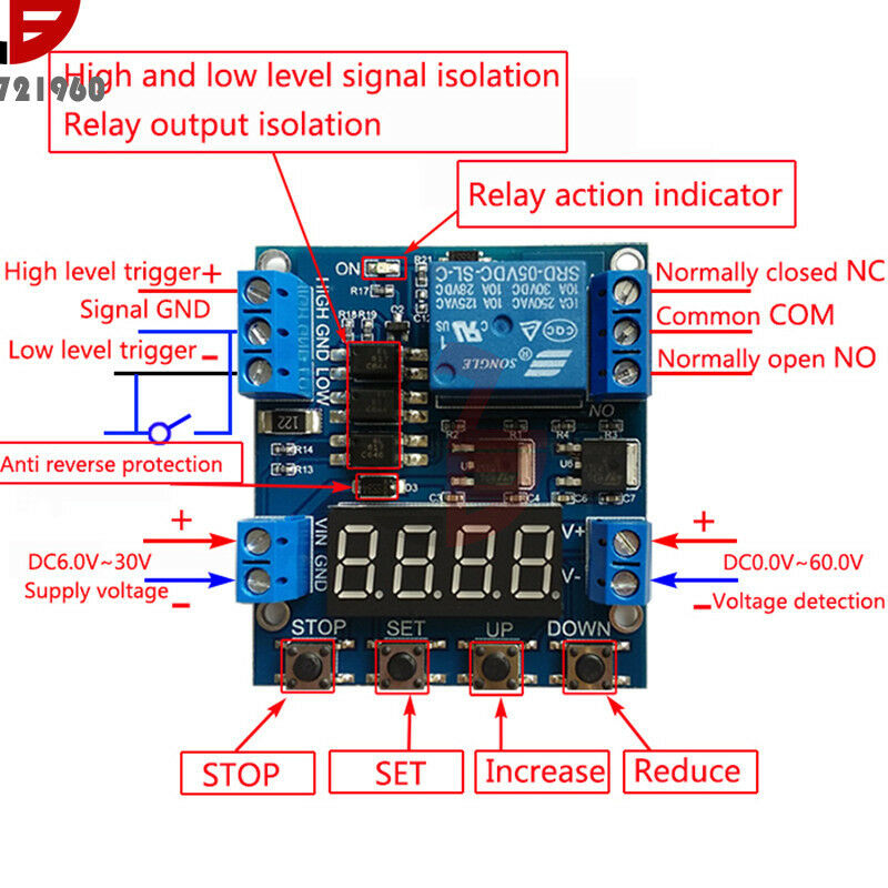 1 Channel Trigger Delay Cycle Relay Module 6-30V Timer Circuit Switch Adjustable