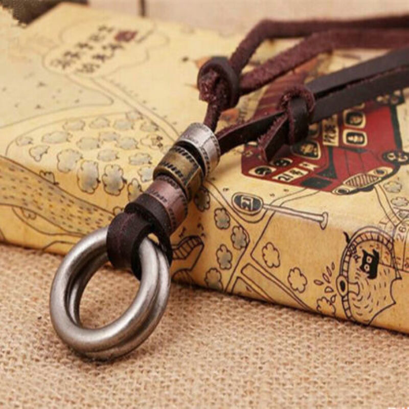 Men Retro Leather LUS Cord Necklace Double Circle Ring Pendant Jewelry CHI