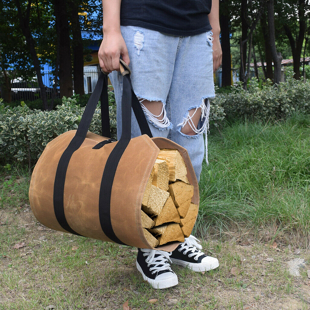 Durable Waxed Canvas Firewood Log Carrier Heavy Duty Tote, Fire Place Wood