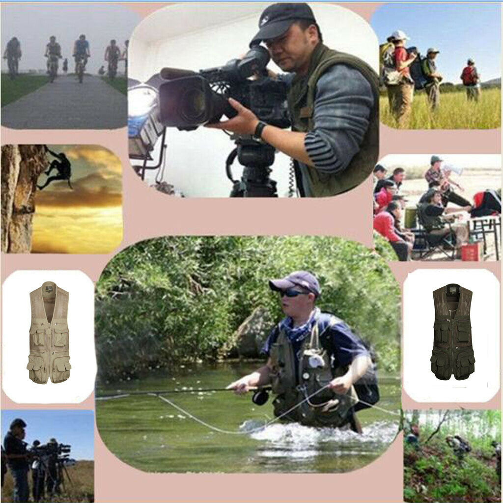 Men's Multi Pocket Zip Vest Hunting Fishing Outdoor Quick Dry Jacket Khaki L