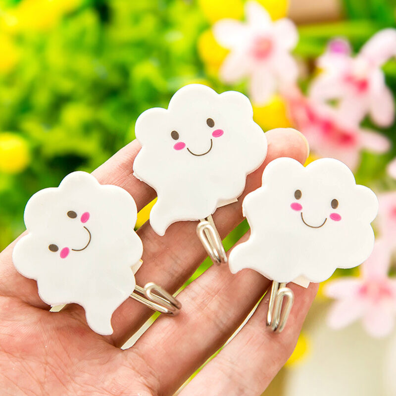 3X White Cloud Self Adhesive Sticky On Hooks Kitchen Bathroom Towel JzJC.l8