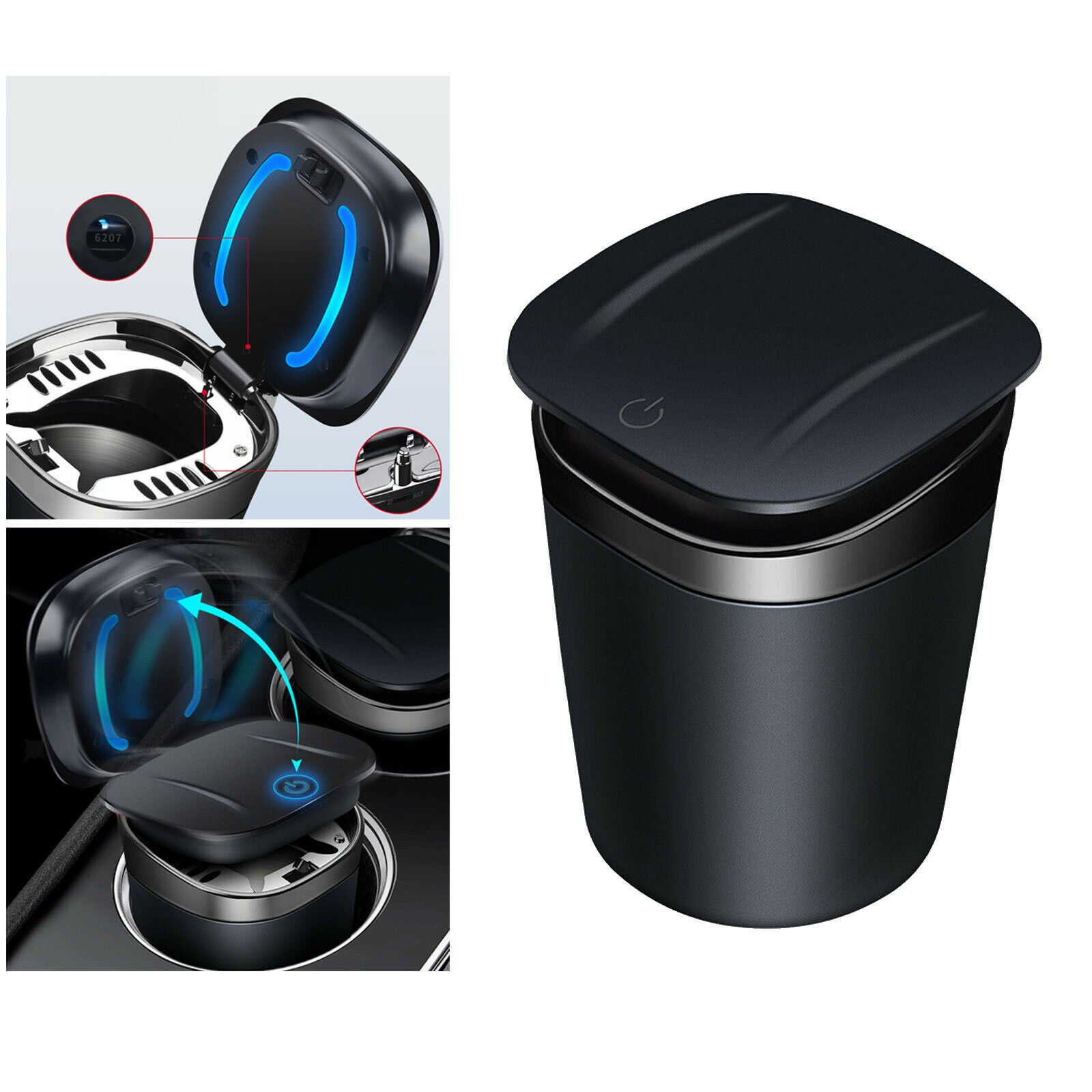 Car Ashtray Removable with Lid Indicator for Car Home Travel Black