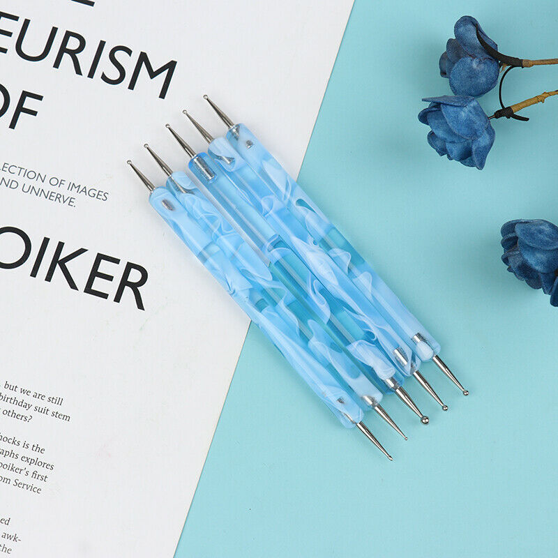 5Pcs/Pack 2 way Blue Dotting Marbleizing Painting Pens Nail Art Dot ToolsFCA