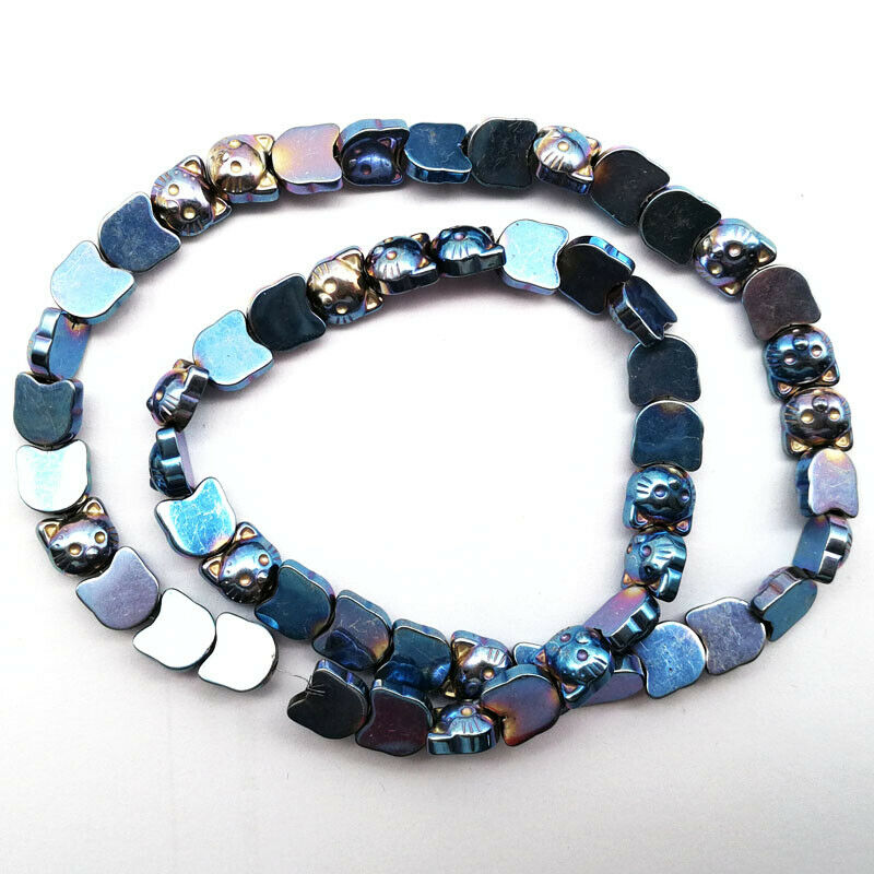 One Strand 8x8x4mm Carved Sky Blue Hematite Gem Cat Head Loose Bead 15.5 " A55TS