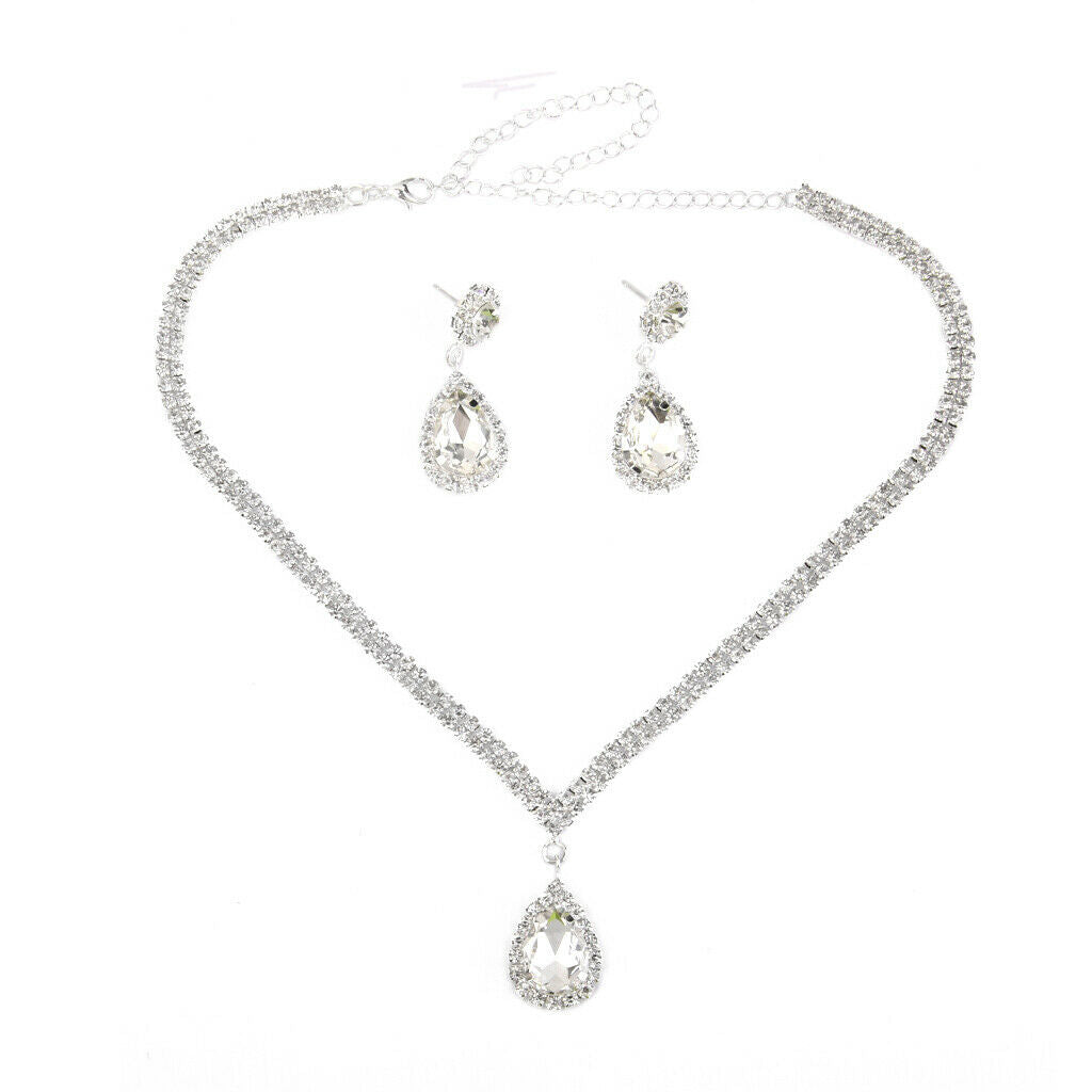 Women Party Crystal Pendant Necklace Earrings Wedding Bridal Jewelry Set