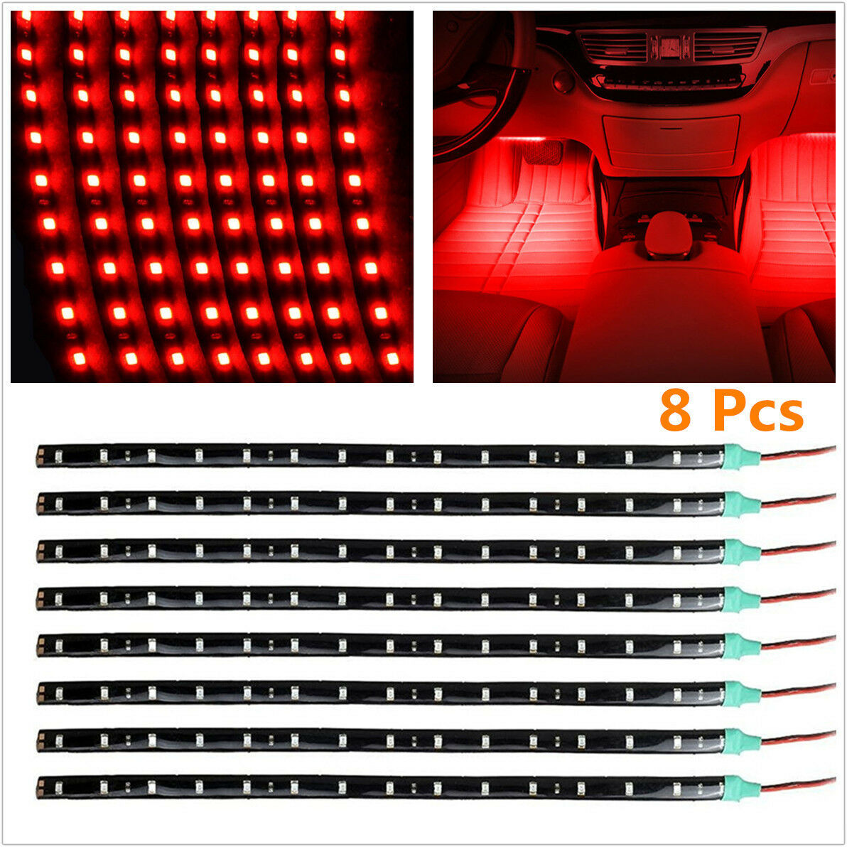 8x Red 15LED 30CM Car Grill Flexible Waterproof Light Strips Interior Decor Lamp