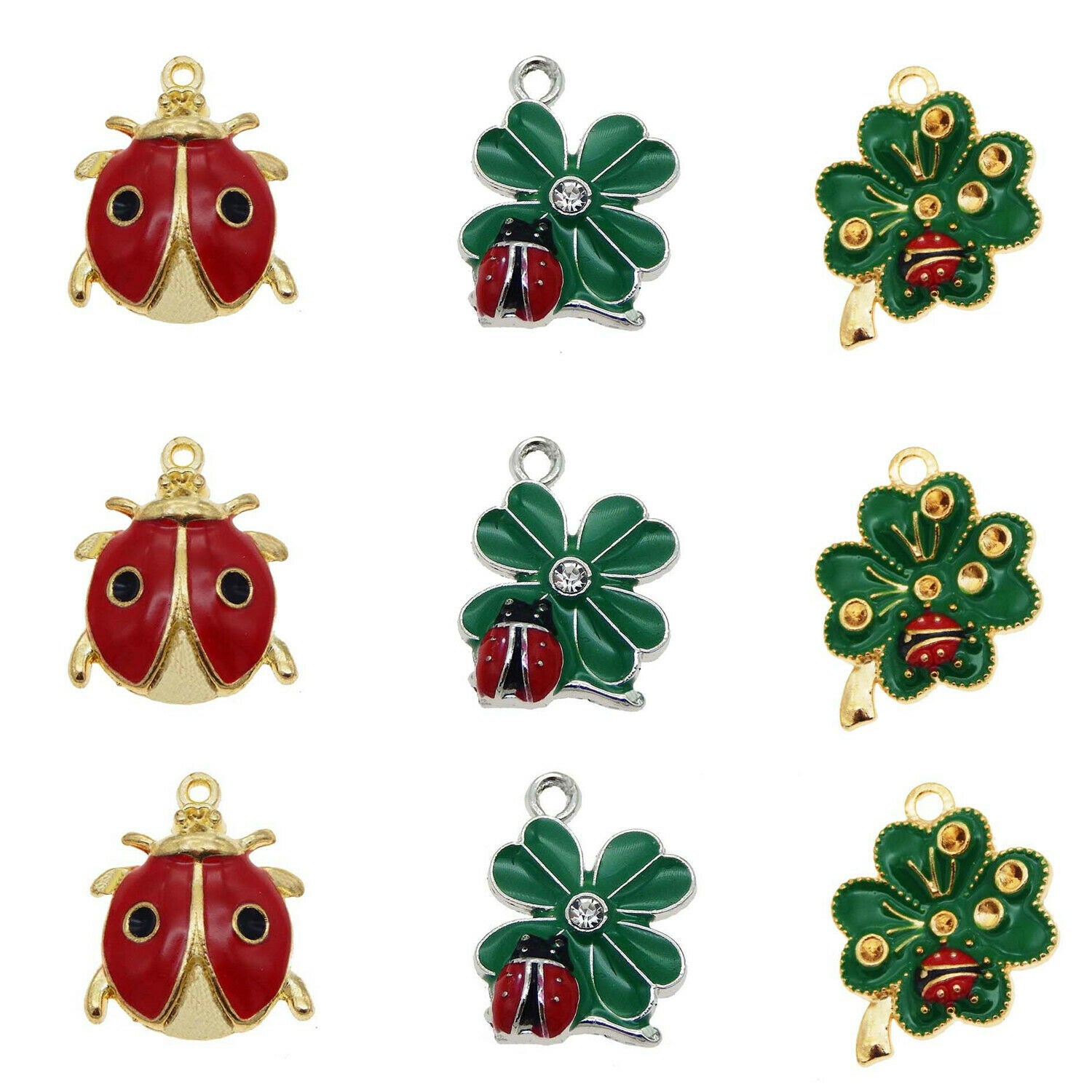 12 pcs Colorful Enamel Alloy Ladybug and Clover Leaf Charm Necklace Pendant
