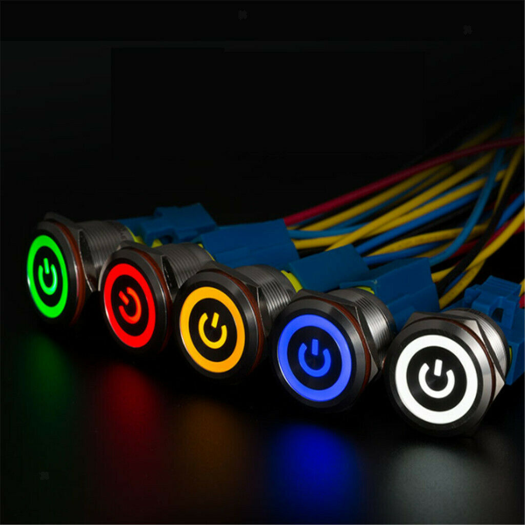 12V 3A LED Push Button Switch Latching 16mm Power Ring Aluminum Metal White
