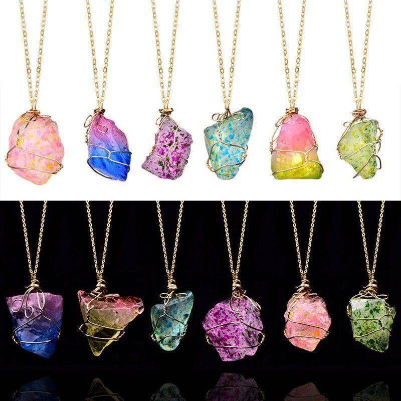 Rock Chakra Natural Crystal Necklace Irregular Rainbow Stone Pendant Jewelry AU