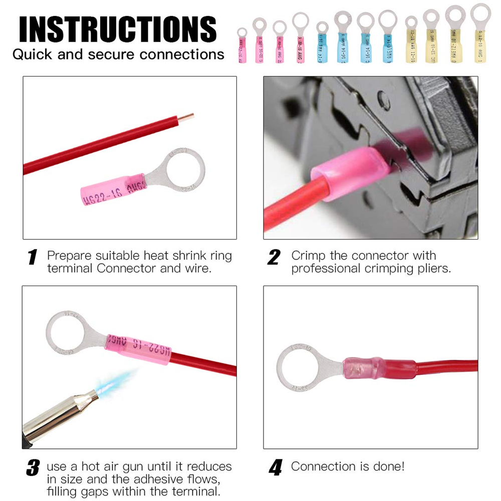 180PCS Heat Shrink Ring Terminals Red 22-16 AWG Crimp Wire Connector 4 Types