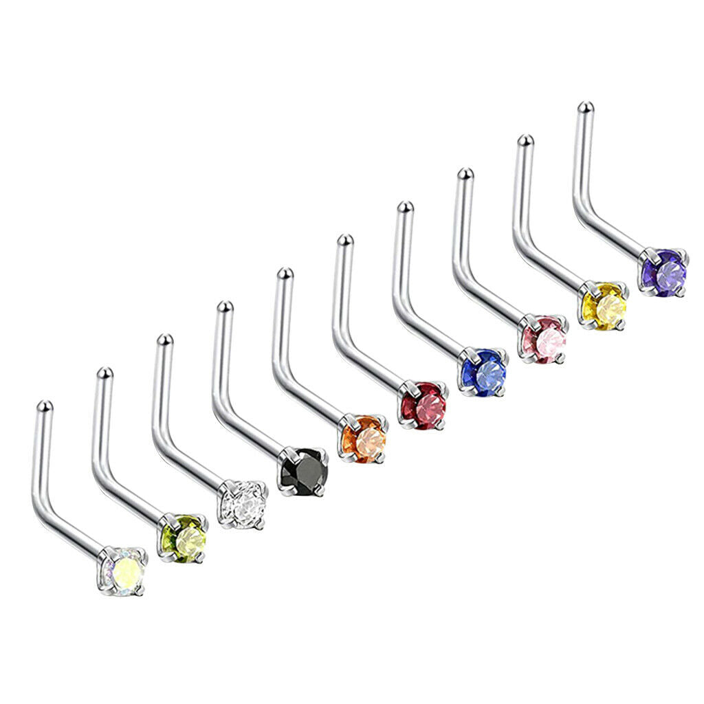 10pcs Rhinestone Stainless Steel Curved Nose Studs Rings 18 Gauge 3mm