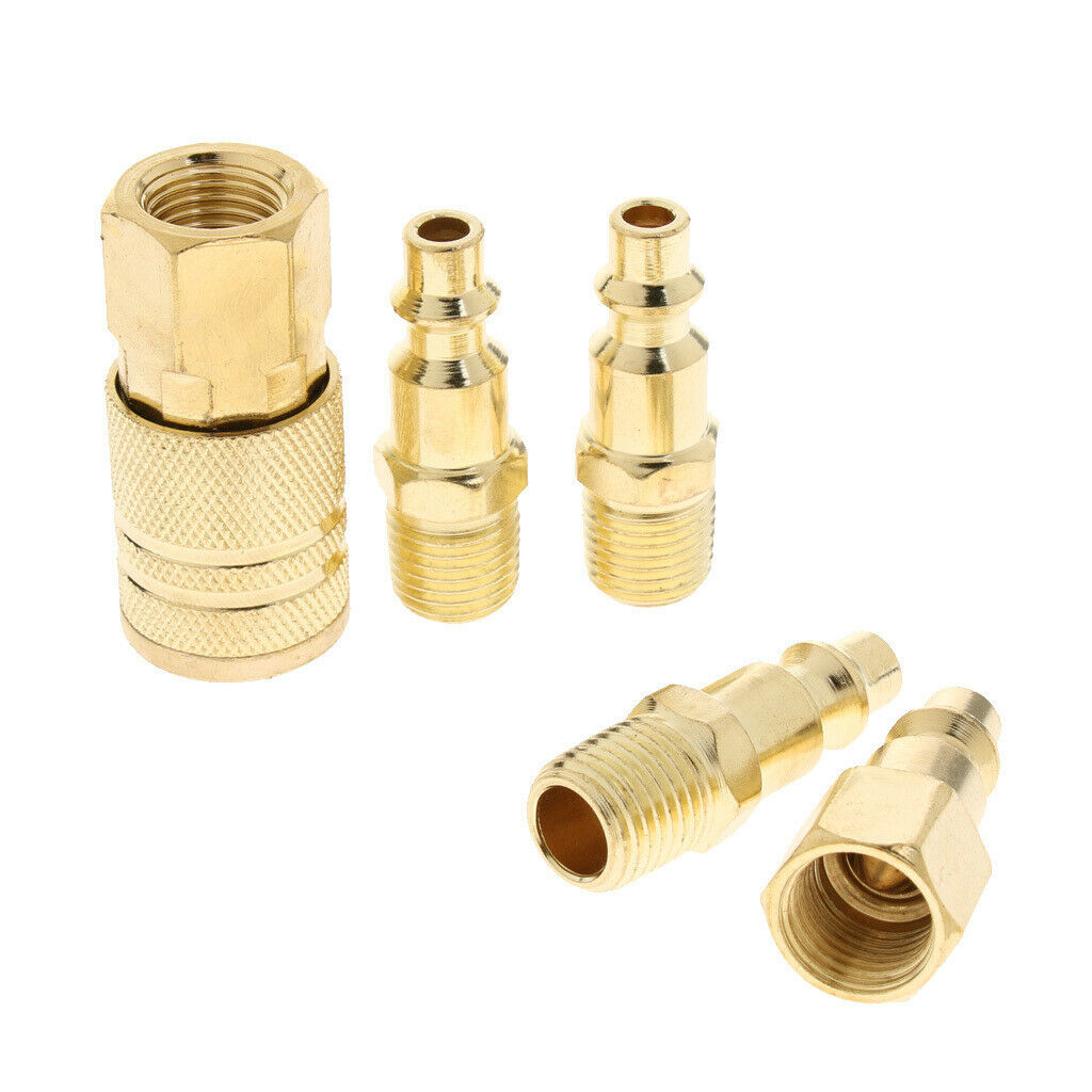 5 Piece Solid Brass Quick Coupler Set Air Hose Connector Fittings Plug 1/4 inch,