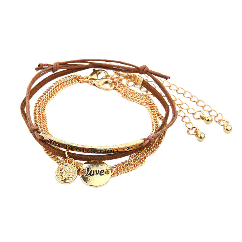 Womens Multilayer Bracelet Leather Rope Charm Bangle Anklet 18cm Adjustable