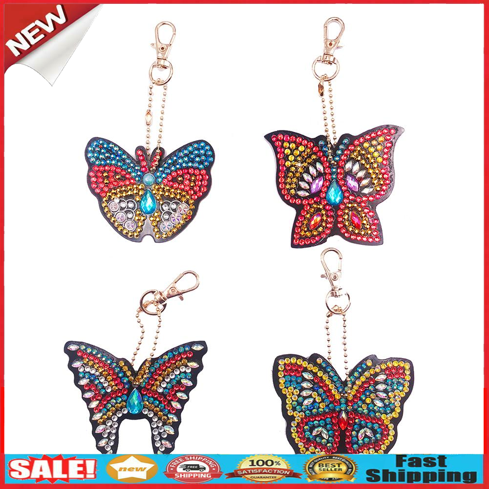 4pcs DIY Butterfly Full Drill Special Shaped Diamond Painting Keychain Gift @