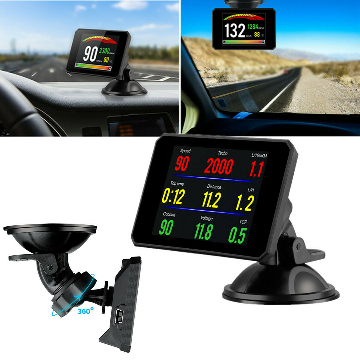 P16 OBD2 Digital 3.9'' HUD Head-up Display Rotatable Suction Cup Bracket Style