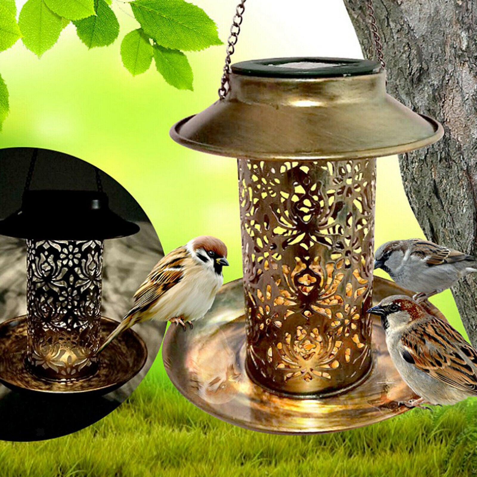 Garden Hanging Wild Bird Feeder Solar Lamp Light Garden Lamp Patio Balcony