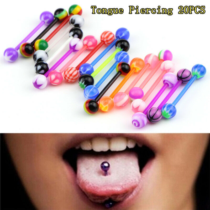 20x Multicolor Stud Tounge Rings Bar  Barbell Body Piercing  Jewelry Spiri.l8