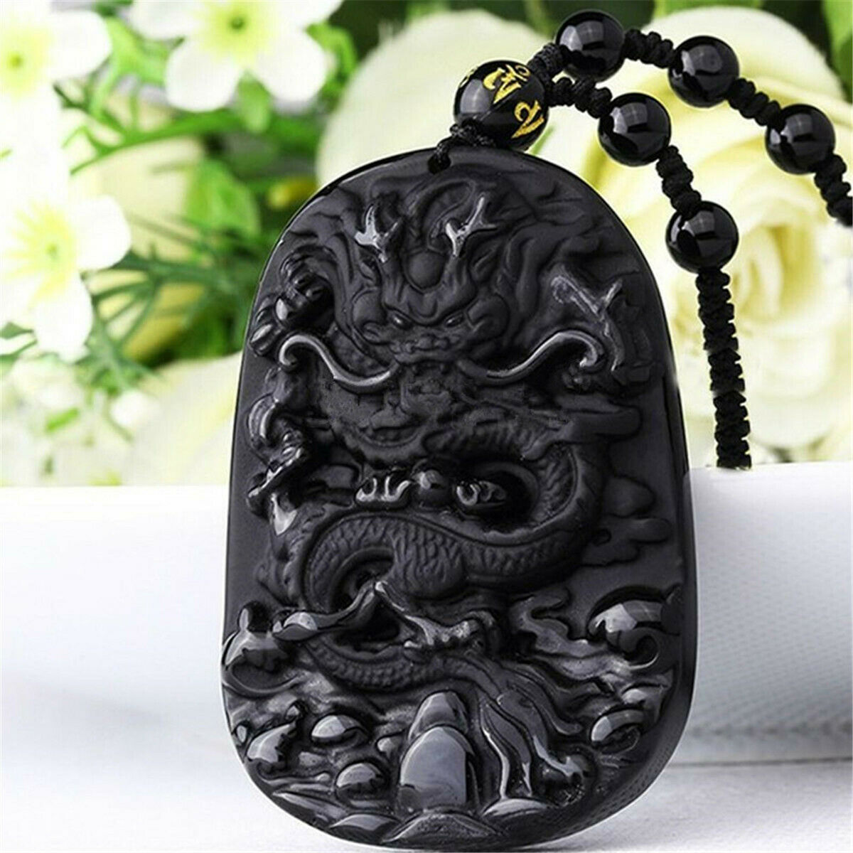 6PCS Natural Black Obsidian Hand Carved Dragon Blessing Beads Pendant Necklace