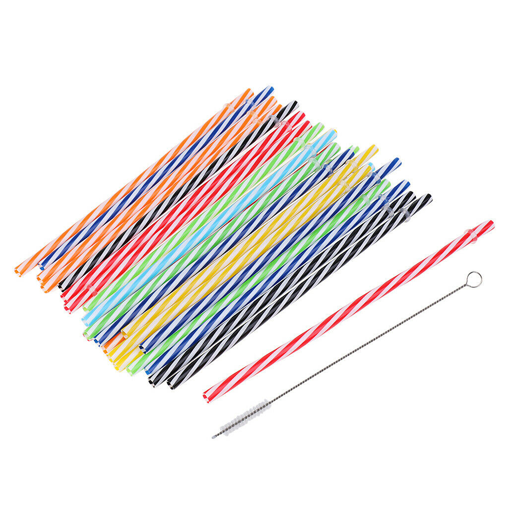 25x Reusable Hard Plastic Drinking Stripe Straws+Cleaning Brush Party Decor