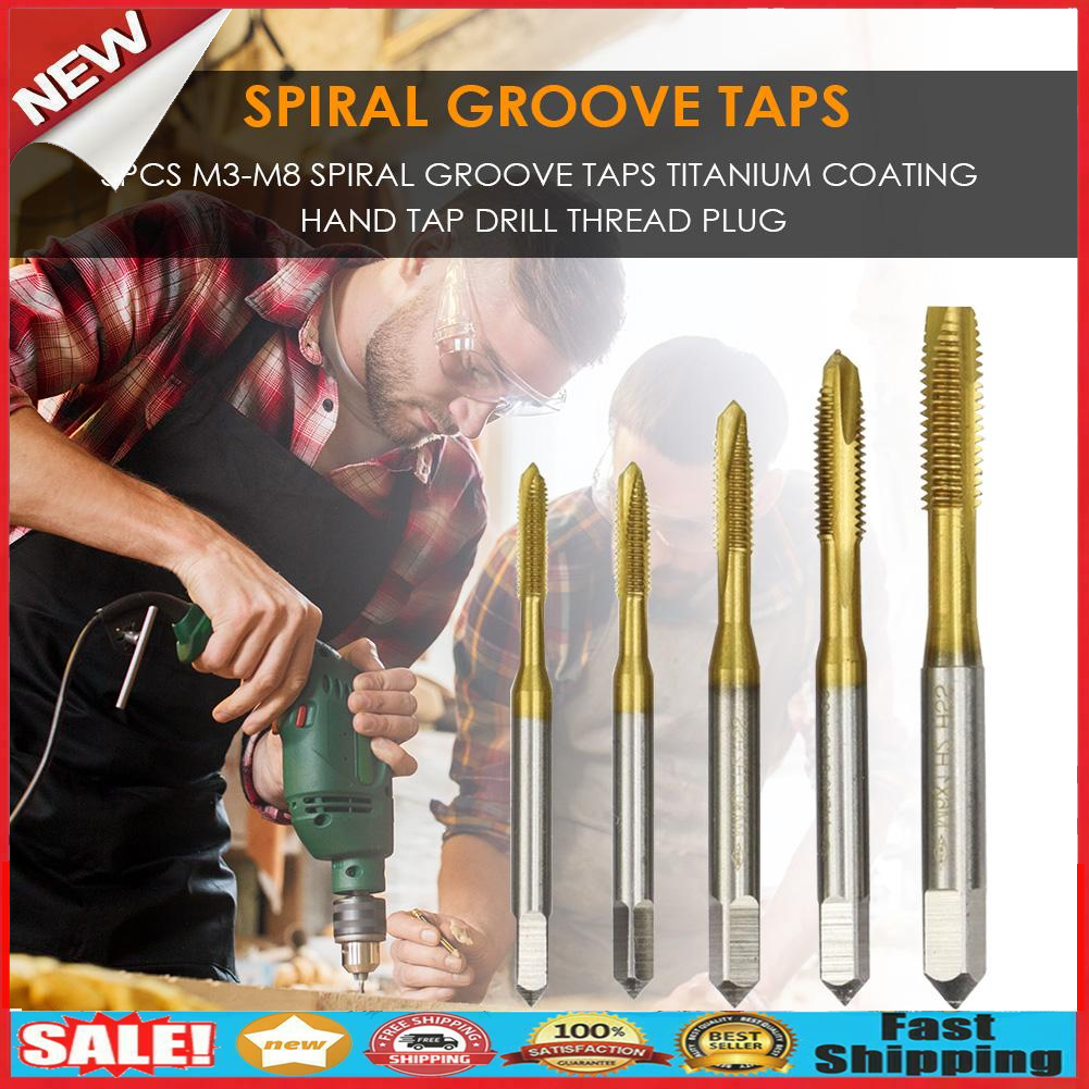 5pcs M3-M8 Spiral Groove Taps Titanium Coating Hand Tap Drill Thread Plug @