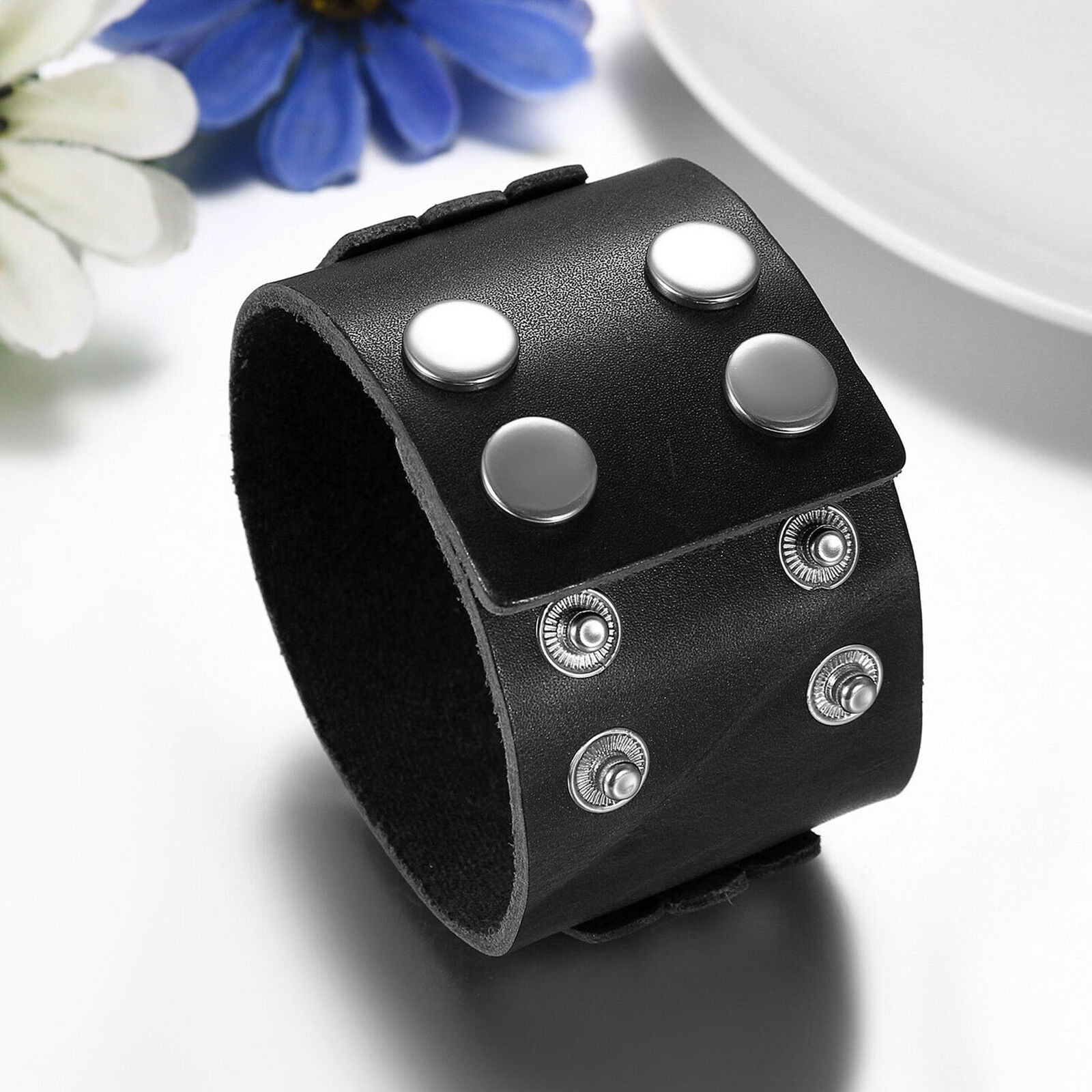 Men's Punk Wide Leather Big Buckle Rivet Cuff Wristband Bracelet Bangle