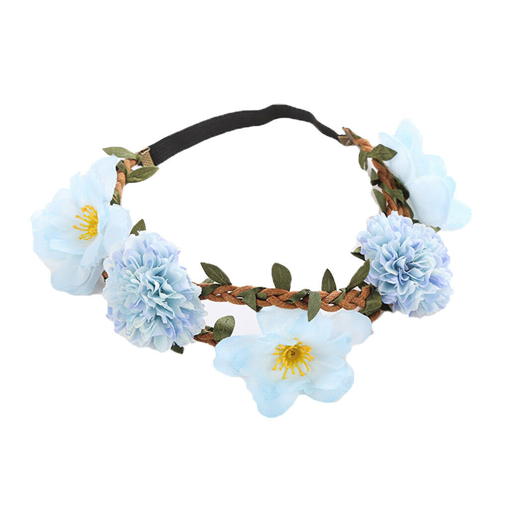 Sweet Baby Blue Flower Leaf Garland Hairband Bridal Wreath Elastic Headband