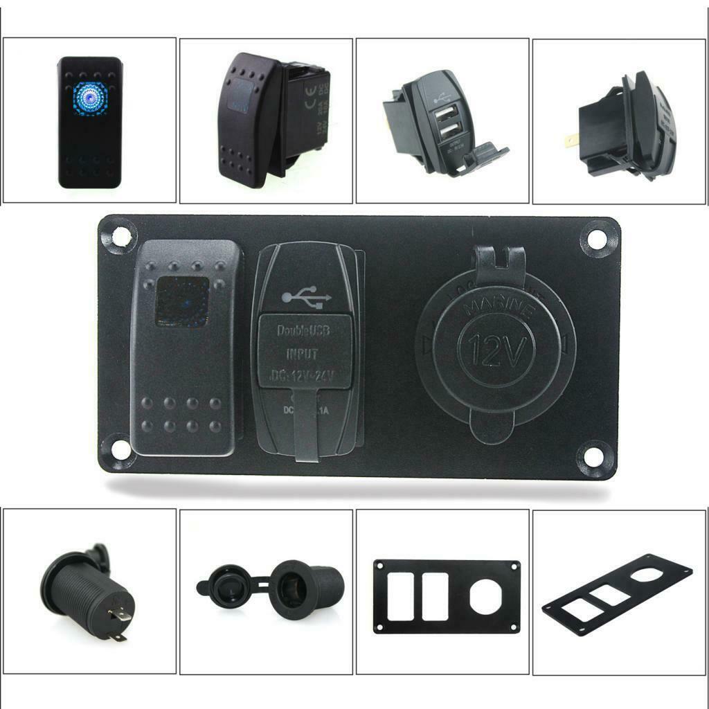 Car Boat Panel Blue Rocker Switch + USB Power Charger + Cigarette lighter