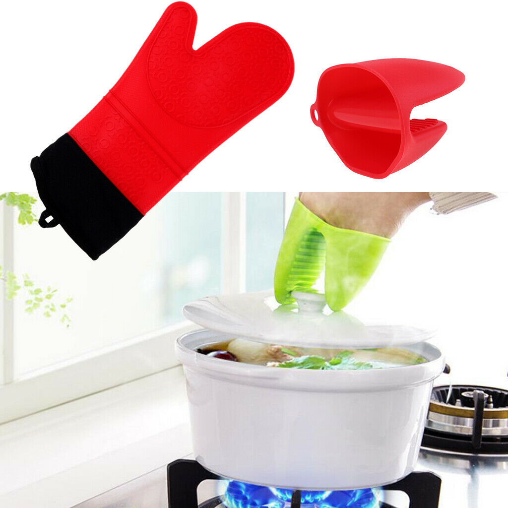 2pcs Heat Resistant Silicone Oven Glove Pot Holder Grip Pinch Mitts Red