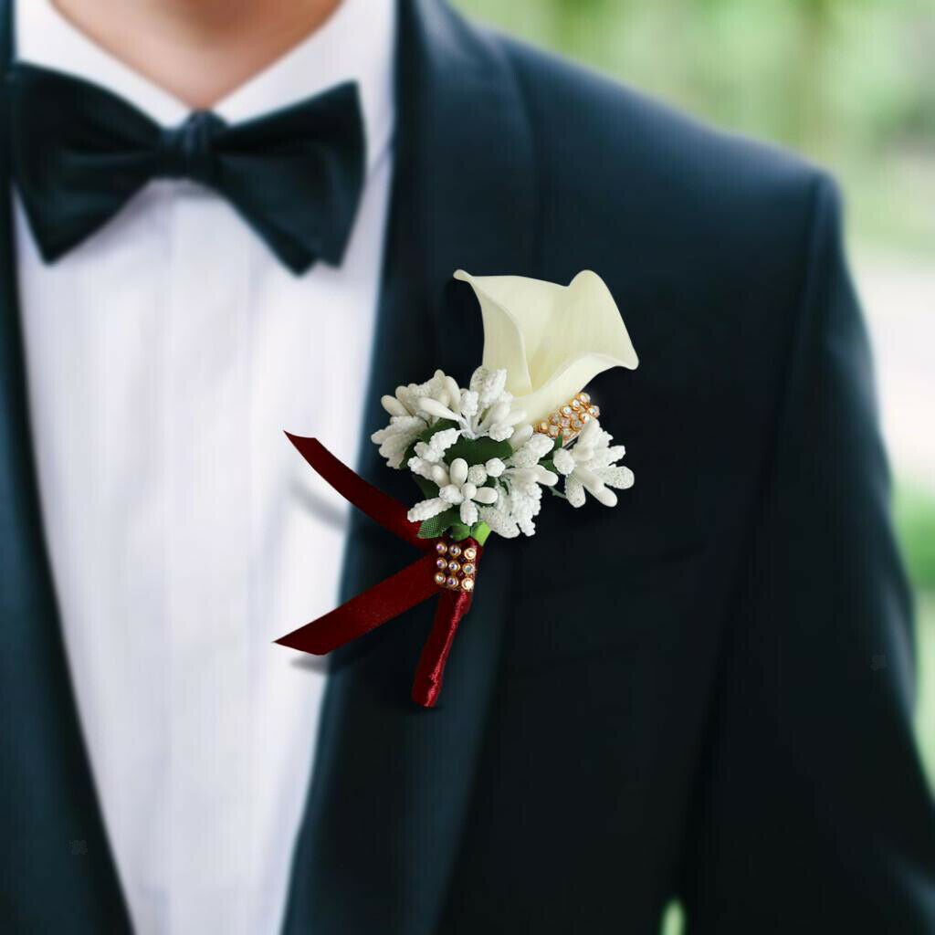2Pcs Cute Calla Berry Rhinestone Groom Bridal Wedding Corsage Peach 2 Colors
