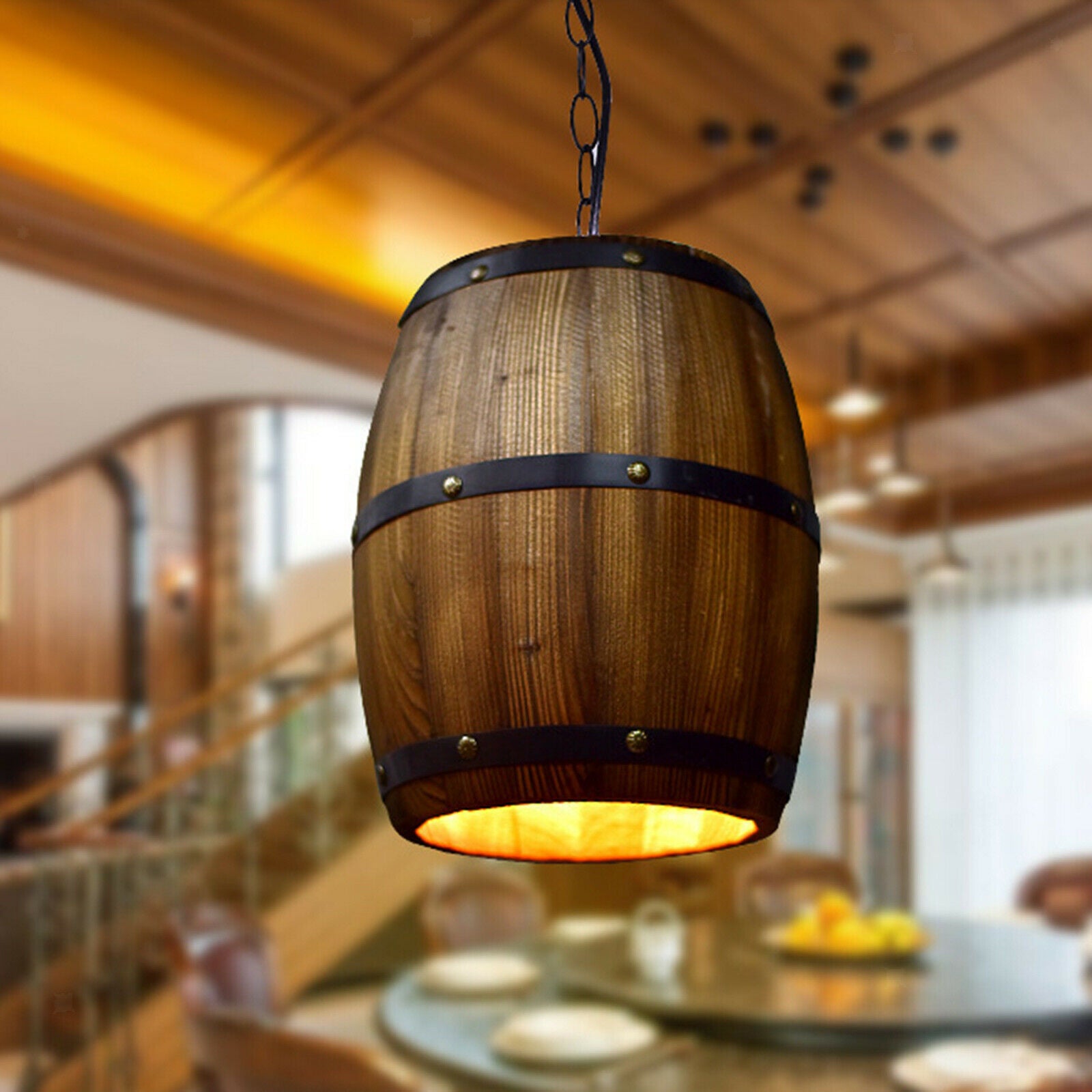Wooden Lamp Shade Bar Dining Room Barrel Shape Ceiling Lamp Cover Removable