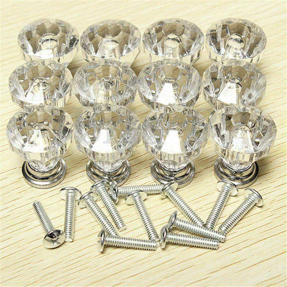 Hot 12Pcs Glass Diamond Crystal Dresser Knobs Drawer Pull Handle Cabinet Door