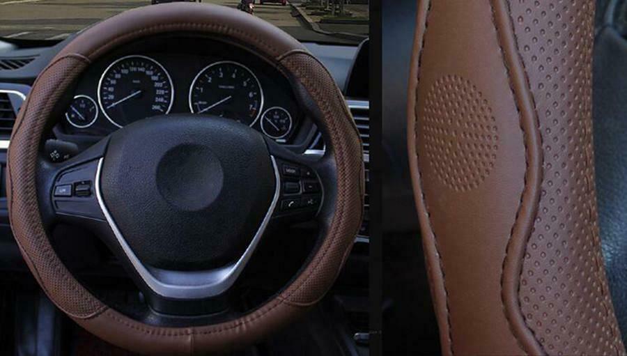 Brown PU Leather Car Steering Wheel Cover 38CM Universal Comfort Grip Anti-slip