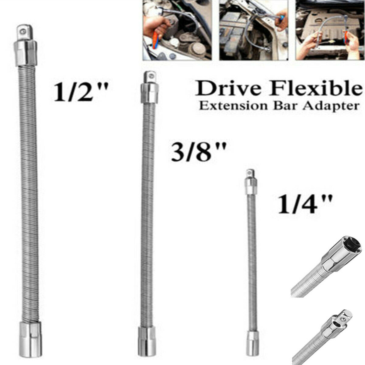 3Pcs Flexible Socket Extension Bar Ratchet Wrench Tool Set  1/4'' 3/8'' 1/2''