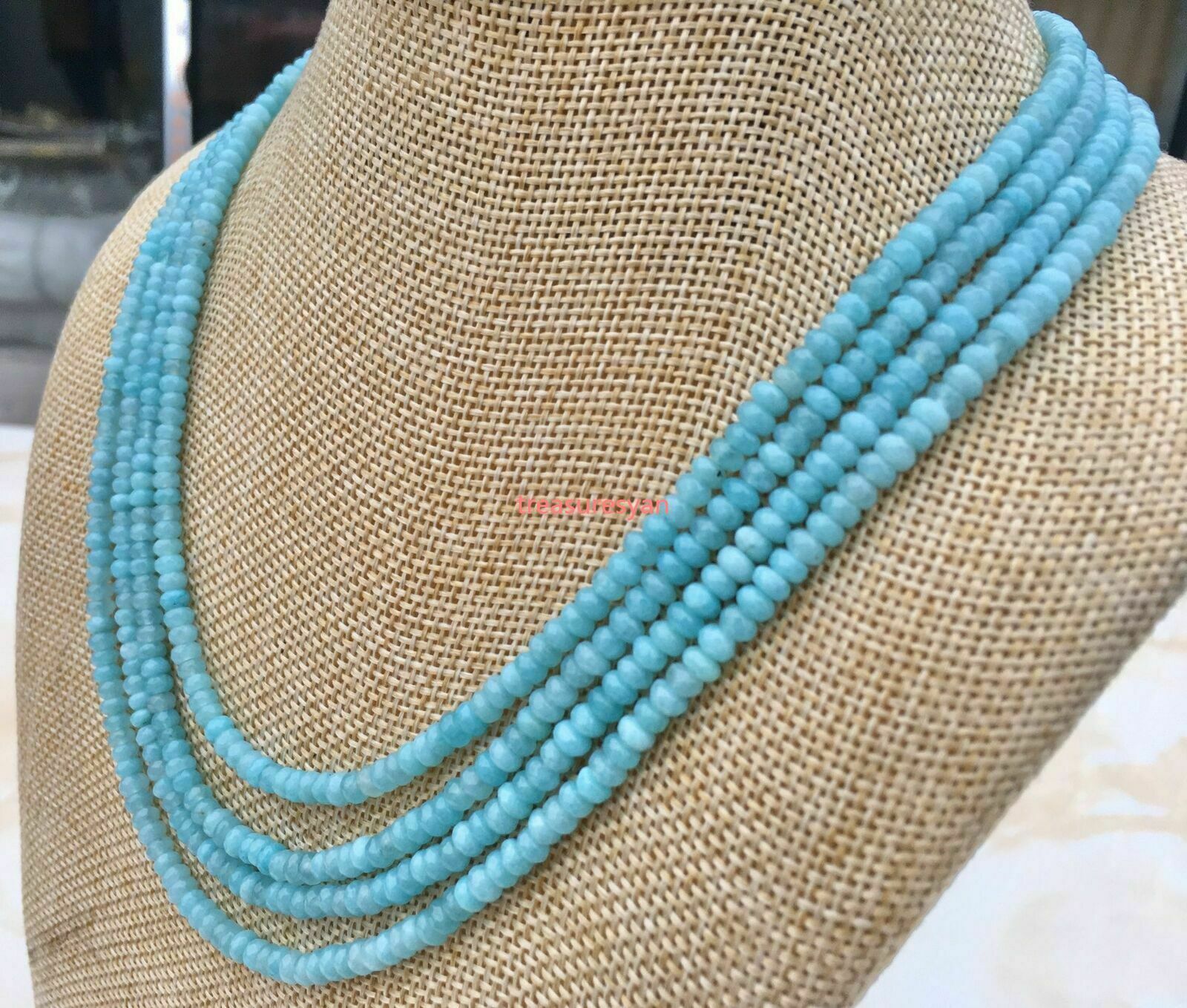 new 4-row 2x4MM roundel faceted aquamarine jewelry necklace 18-21 inch