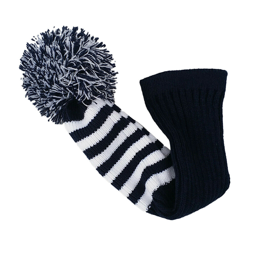 Woolen Yarn White Knit Stripes Pom Pom Golf Club Head Cover Classic Long Neck