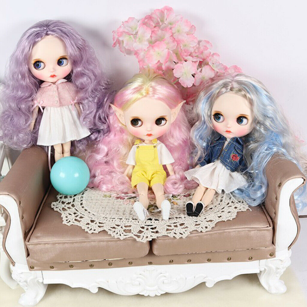 Wavy Culry Wig with Silicone Headshell, Gradient Blue Hair for 1/6 Blythe Pullip